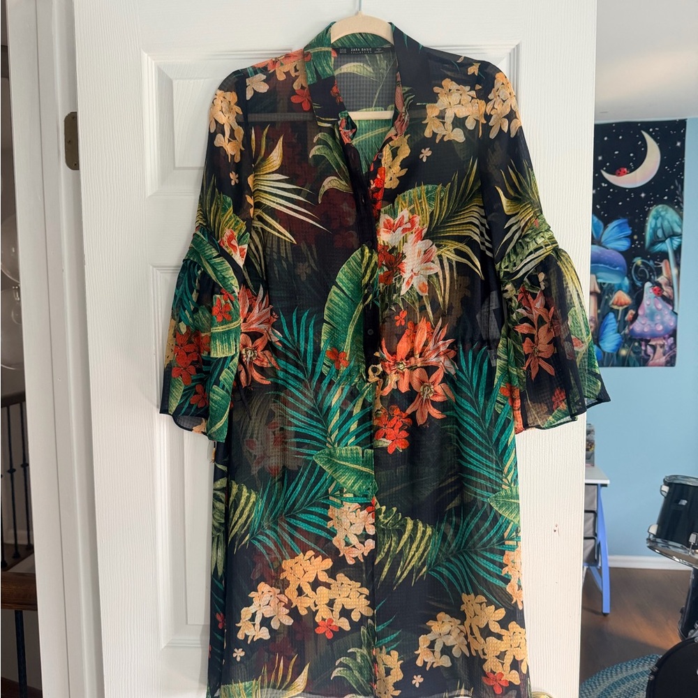 Zara Sheer Tropical Floral Maxi Dress - Black, Green, Orange, Cream